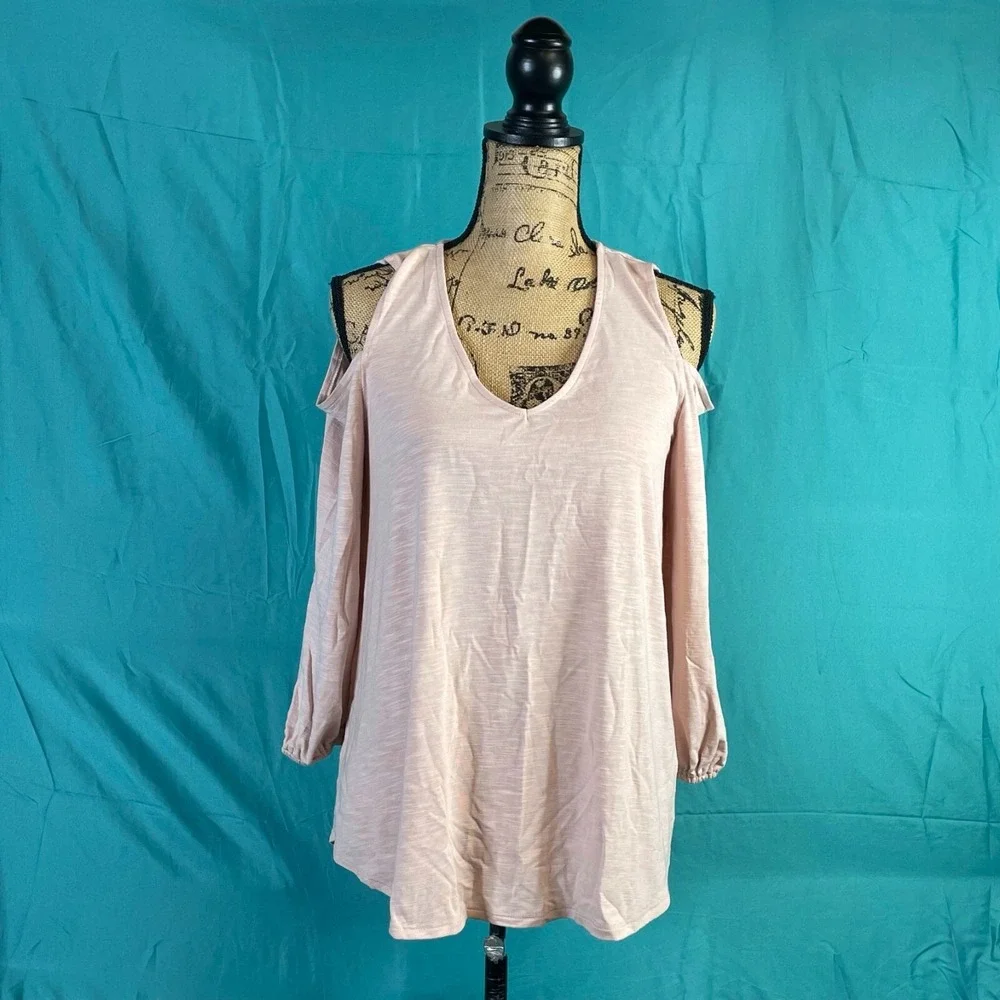 Jones New York Womens Blouse Pink Medium Cold Shoulder Long Sleeve Scoop Neck‎
